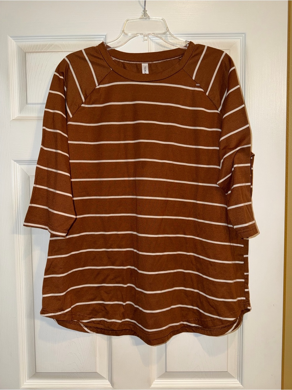 Tickled Teal Brown and White Striped Short Sleeve Top. EUC